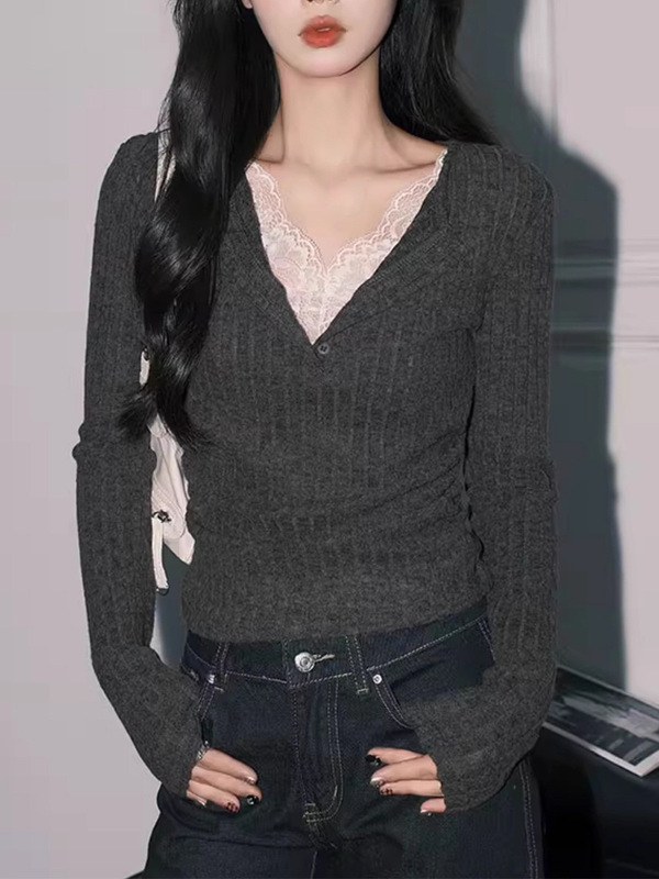 气质灰色蕾丝假两件V领针织小衫女纯欲修身长袖打底上衣|undefined