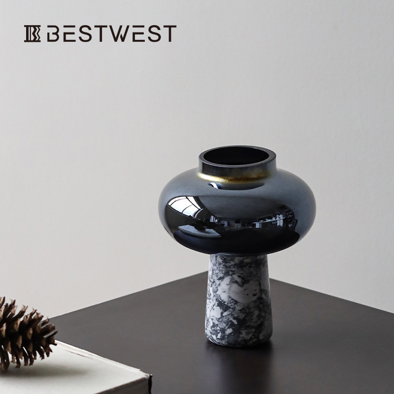 Best west 新中式大理石玻璃花瓶摆件 家居样板间设计师高档花器