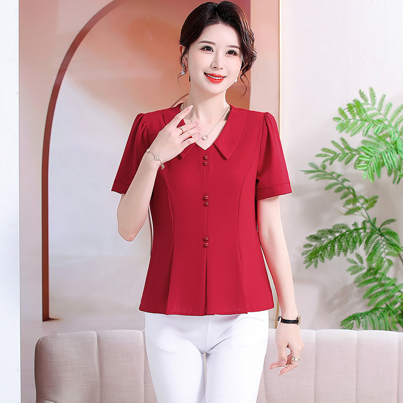 2025 New Summer Style Mother's Wear V-Neck Short-Sleeved Shirt for Women, Stylish, Slimming, Elegant, Workwear, Pure Color Top