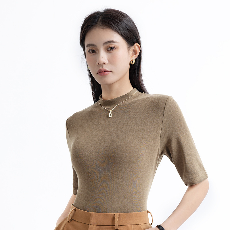 스레드 코튼 고탄성 하프 터틀넥 하프 슬리브 머스타드