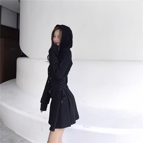 Stylish Fitted Waist Strap Long Sleeve Hooded Sweat Dress for Women, Casual Windy Spring and Autumn Design Sensory Dress for Petite Figures