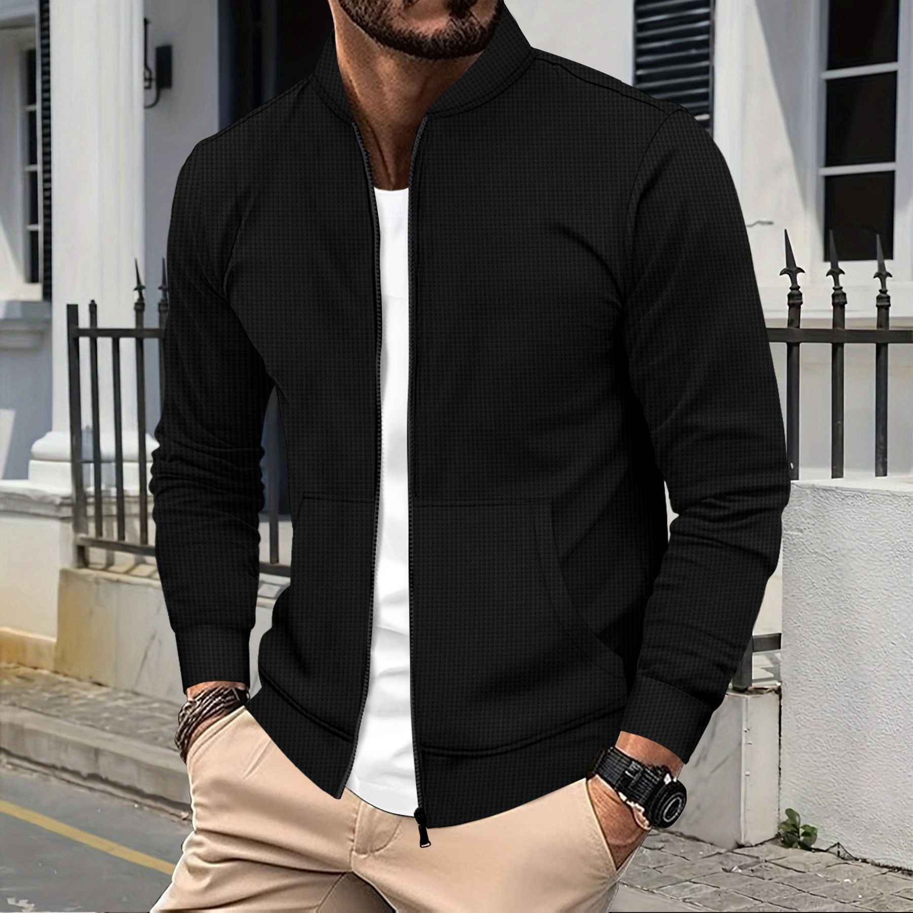 Herren-Baseballjacke mit langen Ärmeln, Waffelstrick, einfarbig, Reißverschlusstasche, europäisch-amerikanischer Stil, Frühling/Herbst_voghion.com