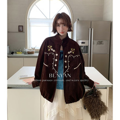 BENYAN本言 秋法式休闲刺绣花灯芯绒慵懒宽松长袖外套夹克女82397