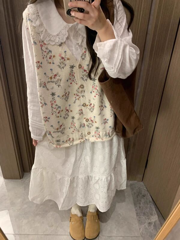 早秋装搭配一整套小个子穿搭碎花马甲衬衫半身裙子两件套装女秋季|undefined