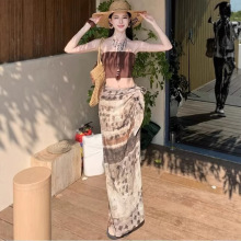 泰国海边度假旅游女夏抹胸上衣扎染开叉绑带不规则半身裙两件套装