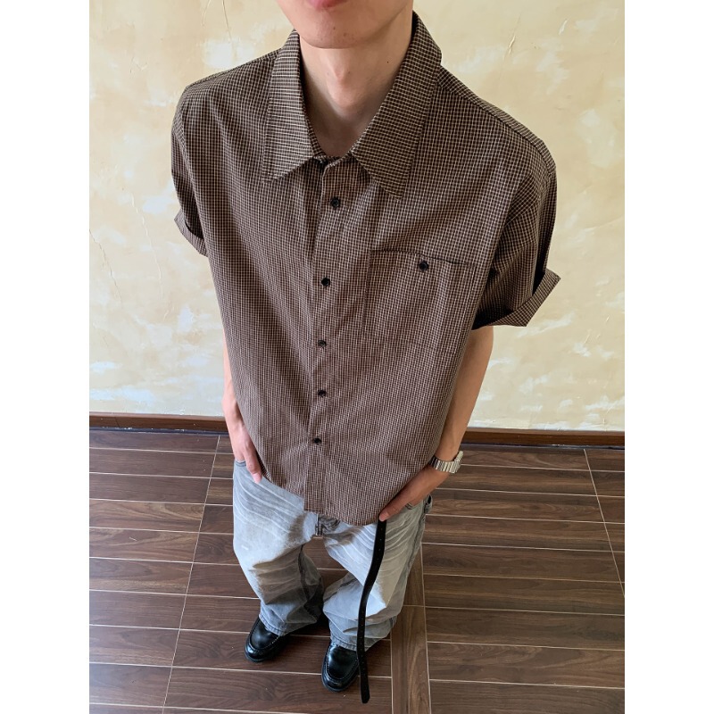 Oalin Retro Old Money Style Brown Plaid Lapel Short-Sleeved Shirt Vibe Style Versatile Casual Shirt for Men