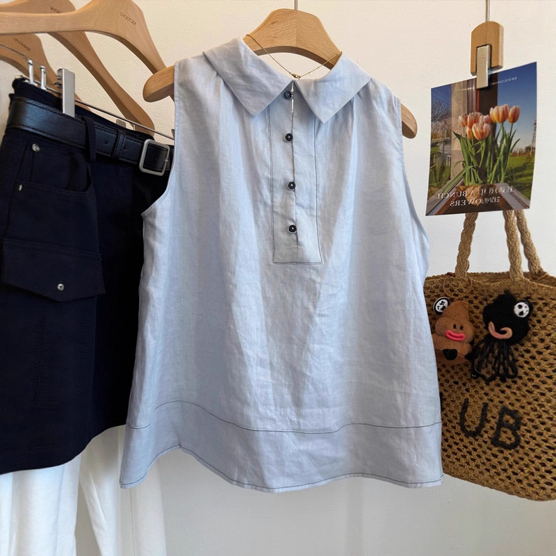 Designer Style! Ramie Unique Collar Elegant Linen Vest Women's A-Line Sleeveless Shirt Women's New Summer Product