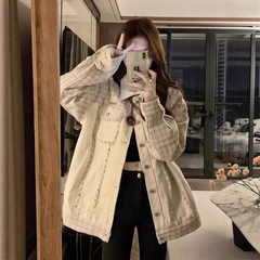 港风休闲拼接毛边外套女2025秋季新款宽松设计感显瘦夹克上衣百搭