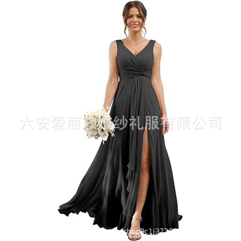 Foreign Trade Chiffon dress Evening Dress Shoulder Long Sleeve Square Collar Formal Slit Dinner Ball Bridesmaid Evening Dress