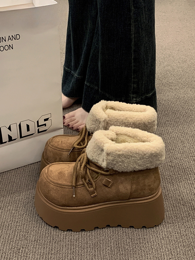 Short Thick-Soled Snow Boots For Women Winter 2025 New Fleece-Lined Thickened Height-Increasing Warm Cotton Shoes_voghion.com
