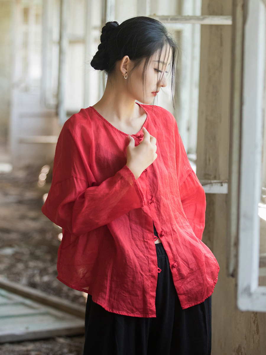 Camisa fina tipo cárdigan de mujer, estilo artístico, con botones, de algodón y lino, con protección solar, lavada con arena, 100 unidades, nueva colección otoño 26.