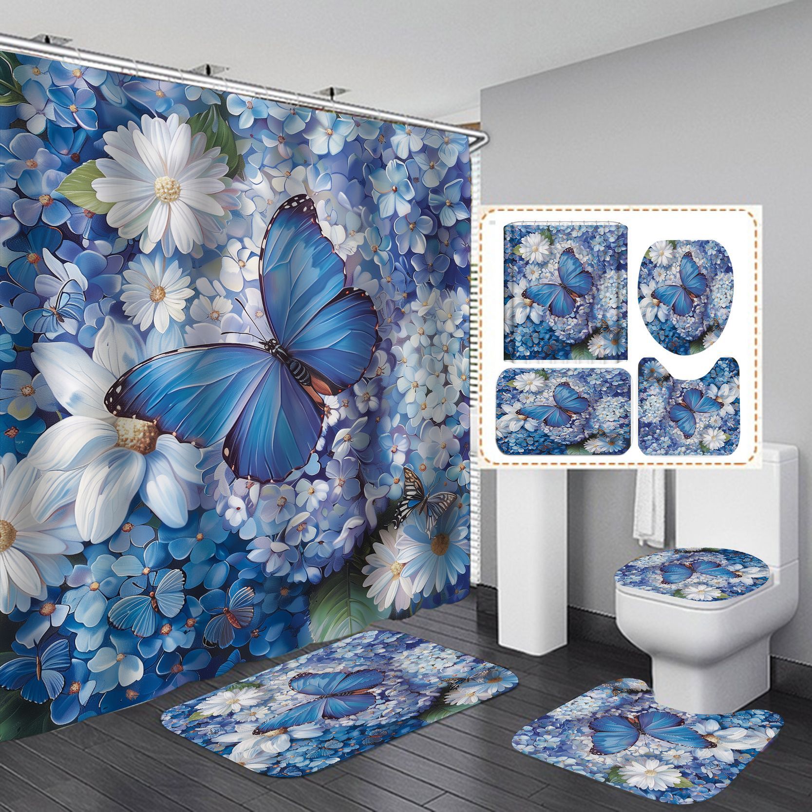 Flor de mariposa impresa cortina de baño a prueba de agua a prueba de moho nuevo tipo de tela retro sin perforación baño cortina de baño