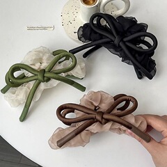 新款气质咖色发夹网纱褶皱蝴蝶结抓夹高级感后脑勺大号鲨鱼夹发饰