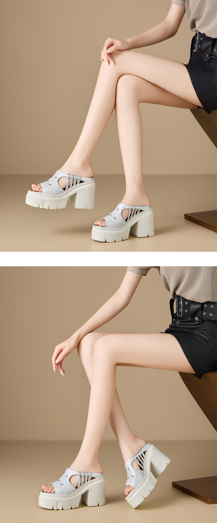 Dép sandal nữ quai chữ V đan da bò, gót vuông 12 cm, đế dày, phong cách tối giản — màu đen chi tiết 4