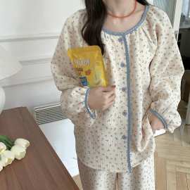 韩国ins女圆领套装简约日系碎花夹丝空气层软糯长袖长裤居家睡衣