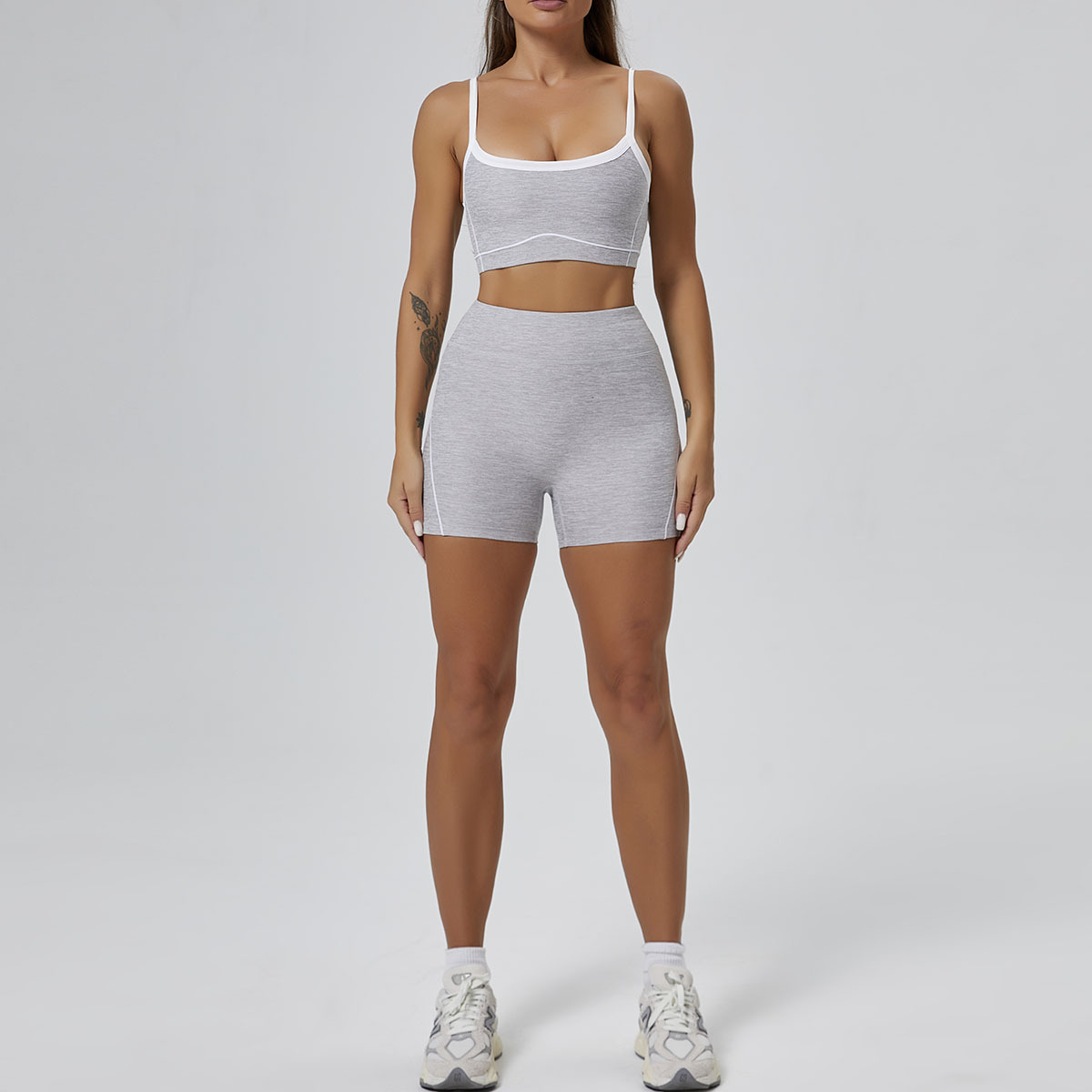 Sensación desnuda de alta elasticidad deportivo de color contrastante bra de elevación de cadera acondicionamiento físico bocina de cabello de callejera larga set deportivo