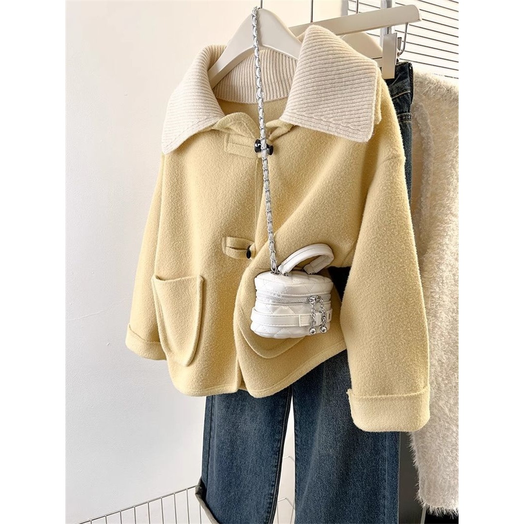 小香风珍珠绒毛呢短外套女冬季小个子加厚针织翻领短款妮子大衣潮