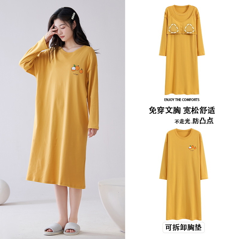 [Customized] pijama con cojín de pecho de primavera y otoño de algodón vestido de mangas largas de fresas dulce vestido de algodón vestido para el hogar