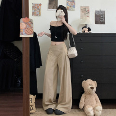 设计感侧拉链高腰阔腿裤女秋季2025新款百搭垂感纯色宽松休闲长裤