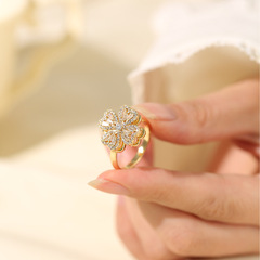 Ring for Women, Redress Influencer Lucky Grass Korean Version, Elegant Diamond-Studded, Rotatable, Fashionable, Index Finger Ring, Openable, Adjustable