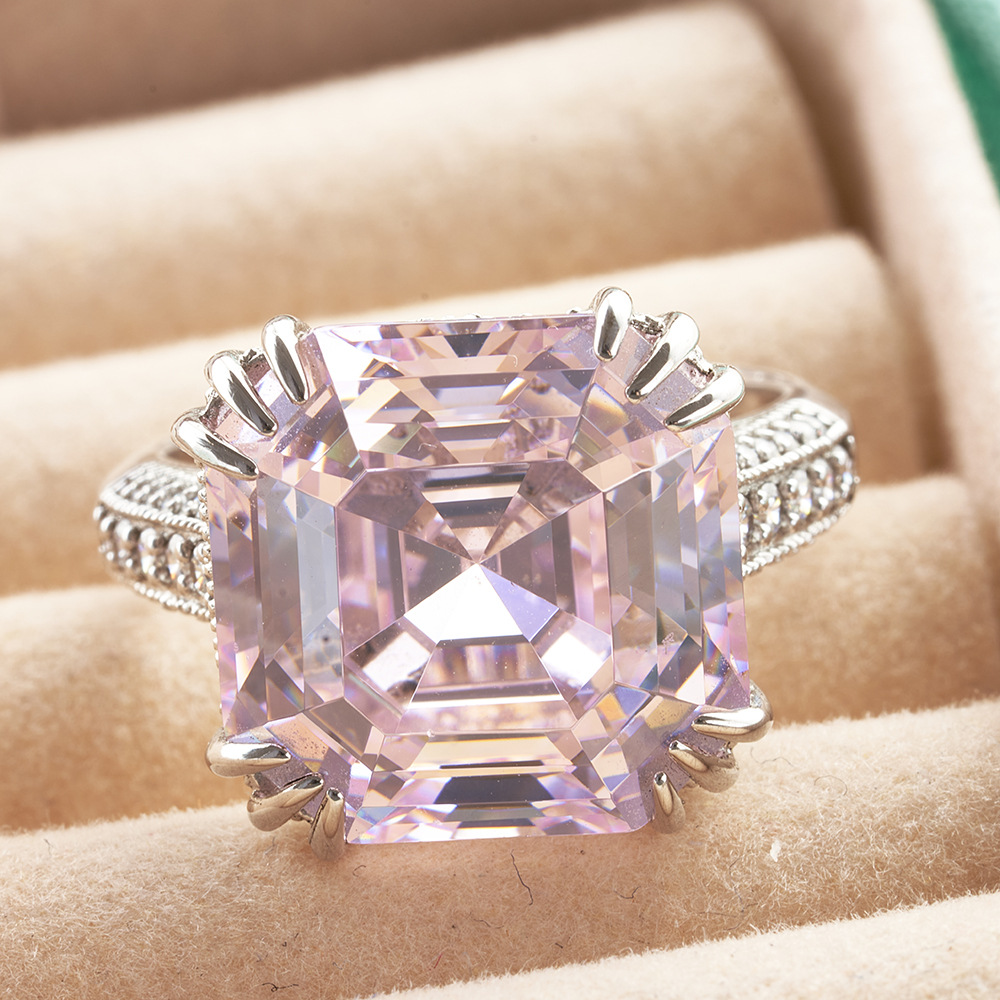 Pagoda de 10 quilates de corte rosa de alto carbono diamante anillo femenino de alto carbono diamante femenino gigante flash anillo femenino de plata esterlina chapado grueso