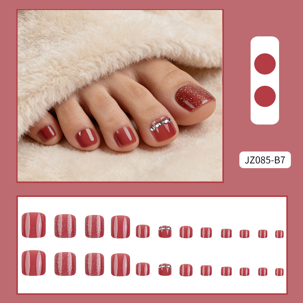 24 piezas de moda de vestir uñas de diamante esquinilla exquisita manicure polvo brillante temperamento vino retro uñas de pies rojos image 3