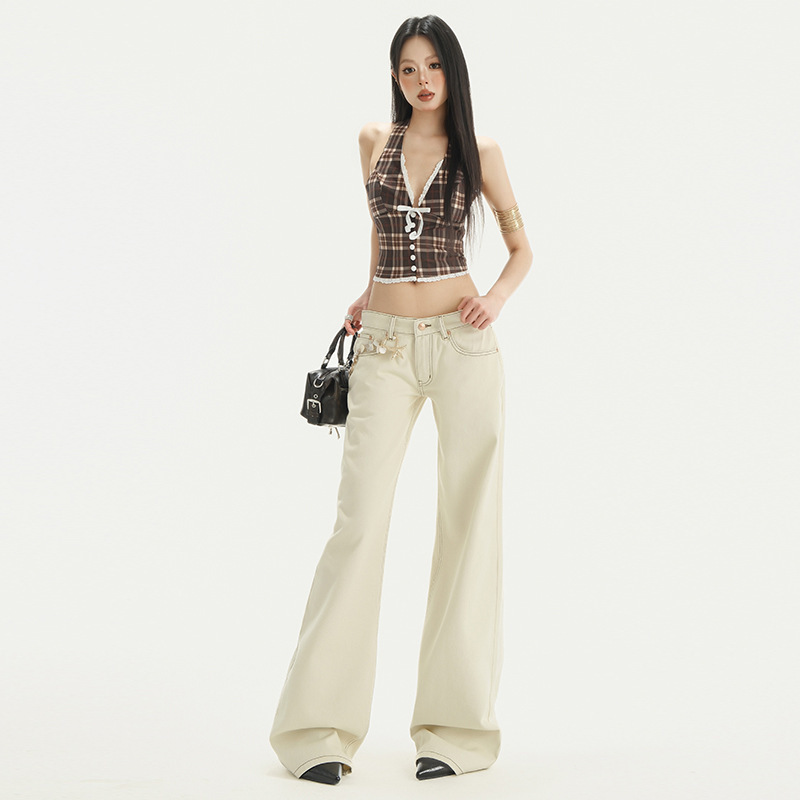 Beige Low Waist Flared Jeans Women's 2025 Spring New Loose No-leg All-match Slim-fit Mop Pants
