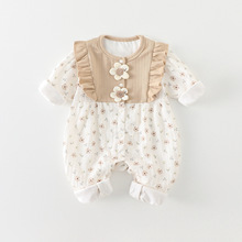 婴儿衣服秋装长袖双层碎花连体衣0到3个月女宝宝秋季外出哈衣爬服