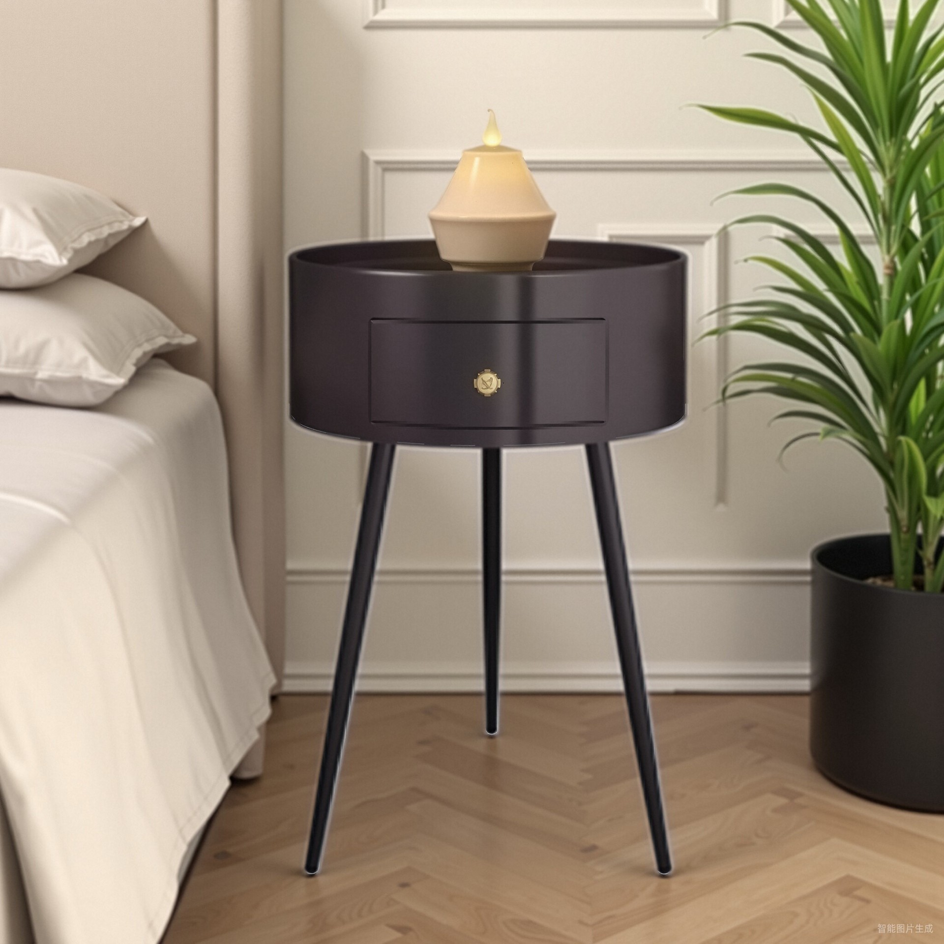 Small Round Bedside Table, New Creative and Personalized Bedside Side Table, Ins-Style, Black, Modern and Simple