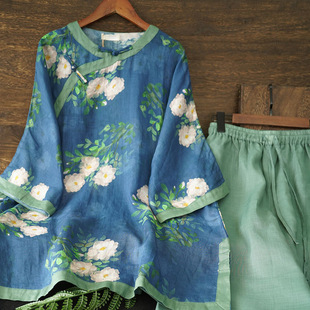 Summer New Style Literary Retro Ramie Digital Printed Buckle Full Side Open Short Zen Tea Suit 247337