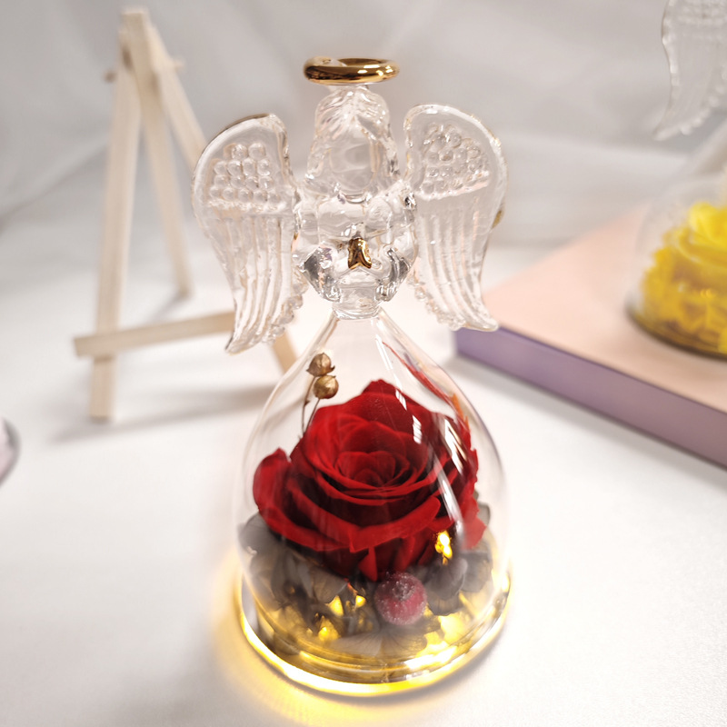 Cross-border inmortalidad rosas ángel pequeño cubierta de vidrio decoración día de San Valentín Navidad caja de regalo de cumpleaños flores reales