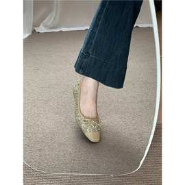 坡跟法式单鞋女鞋2025年春秋新款亮片蝴蝶结浅口温柔晚风低跟瓢鞋