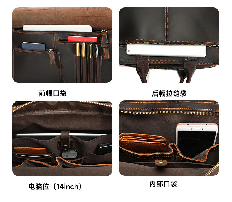 Túi xách da bò thật cho nam kiểu ngang, đựng vừa laptop 15.6 inch, Âu Mỹ — Màu cà phê, Màu nâu đậm chi tiết 17
