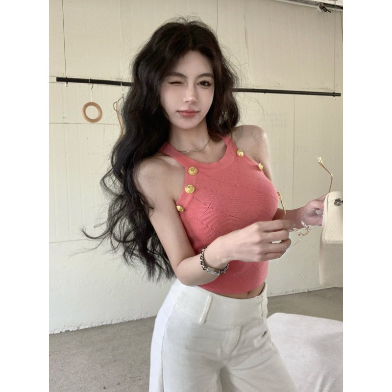 夏季新款韩版圆领金扣针织背心女修身显瘦夏天遮肉挂脖短上衣背心