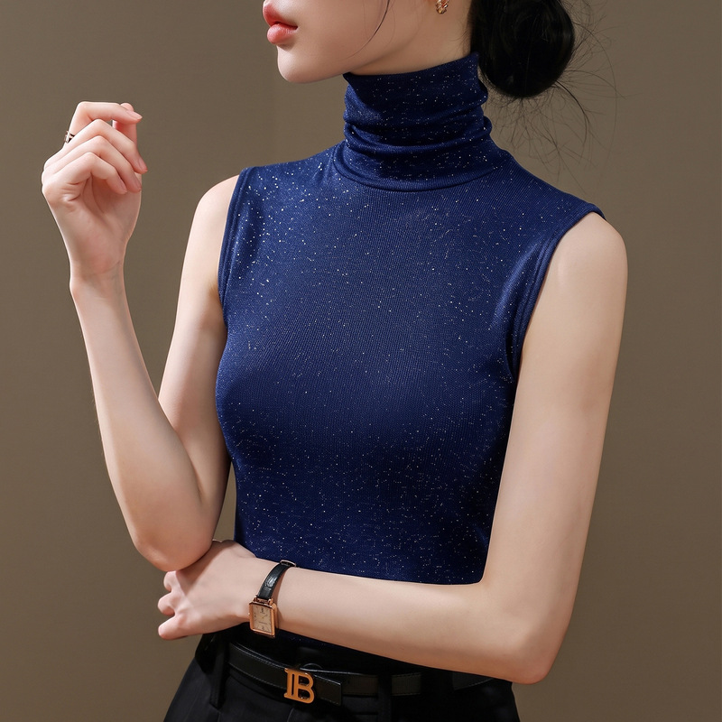 2026 New Spring and Autumn Women's High-Neck Sleeveless Vest, Slim Fit, Suitable for Layering or Outerwear, Shiny Mesh Blue Top 2026 New Spring and Autumn Women's High-Neck Sleeveless Vest, Slim Fit, Suitable for Layering or Outerwear, Shiny Mesh Blue Top