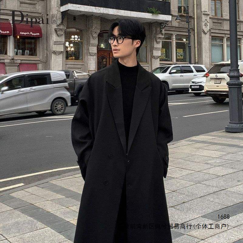 Mid-length over-the-knee trench coat for men, spring and autumn, trendy brand, plus size, British style, dapper coat.