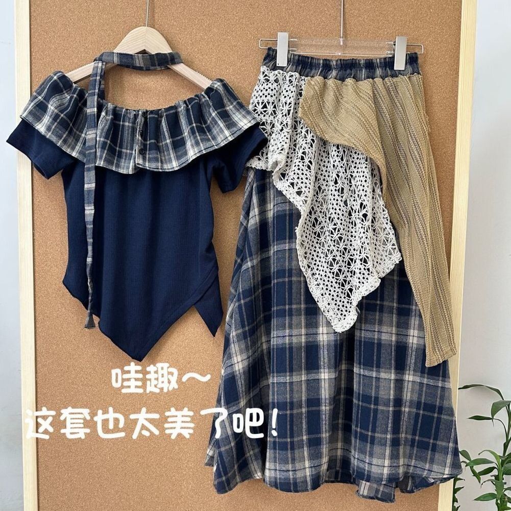 波西米亚复古一字肩格子短袖套装女学生夏季新款显瘦半身裙两件套