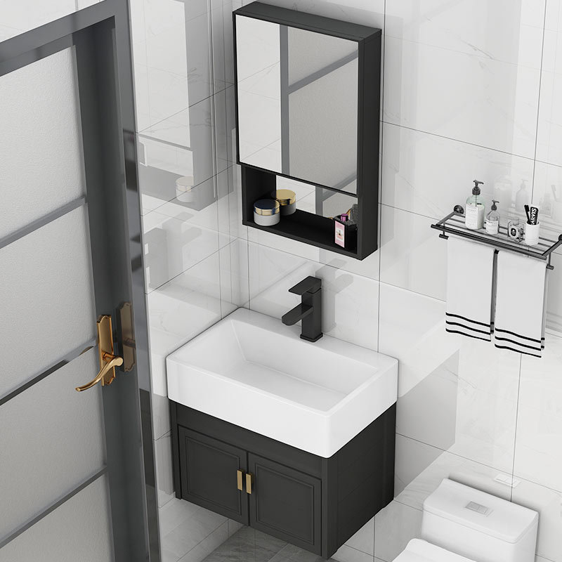 Pequeño apartamento baño gabinete negro lavabo combinación espejo gabinete lavabo baño inodoro mini
