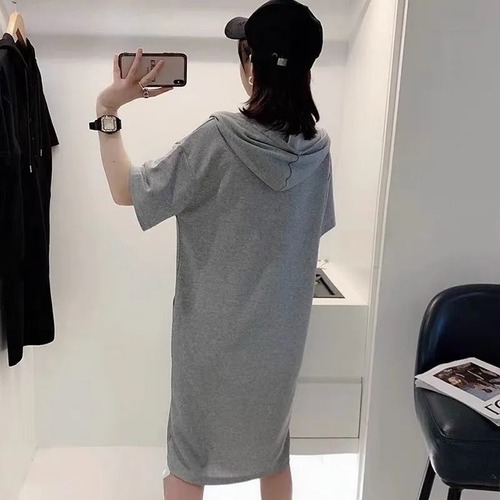 Summer New Solid Color A-line Hooded Casual Plus Size Dress European Style Short Sleeve T-shirt Dress Medium-long Length Skirt Trendy