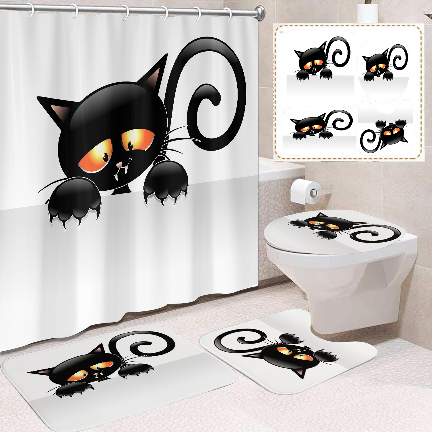 Fuente de fabricantes Amazon animales gatos niños cortina de ducha impermeable a prueba de moho cortina de ducha inodoro partición de baño divertido