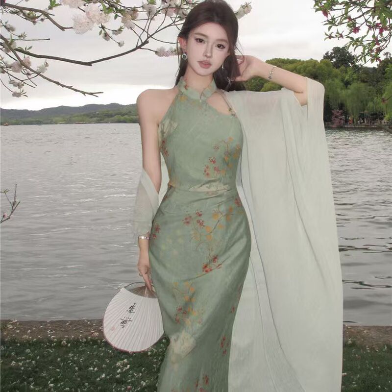 New Chinese Zen Style National Style Suit, Beautiful Daily Improved Cheongsam Floral Halter Dress, Women's Summer Long Skirt