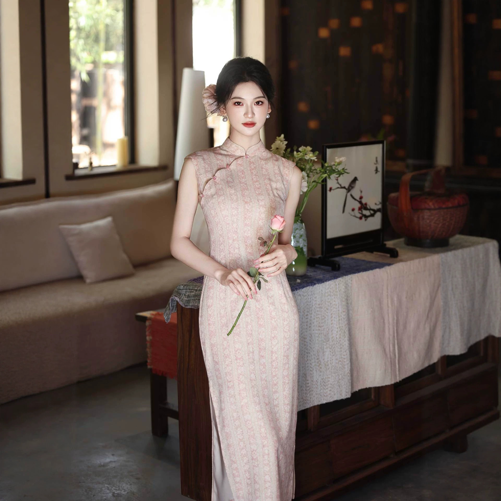 Summer fuchsia elegant cheongsam sleevless