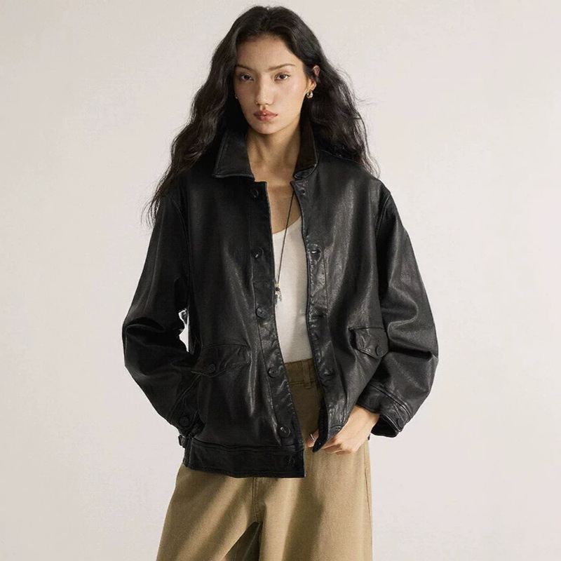 2026 Fall/Winter New Full Vegetable-Tanned Washed Leather Jacket, Genuine Sheepskin Vintage Distressed Versatile Women's Jacket