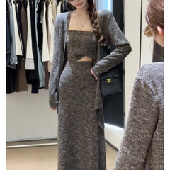 纯欲风辣妹休闲套装2025秋季新款针织抹胸上衣开衫半身长裙三件套