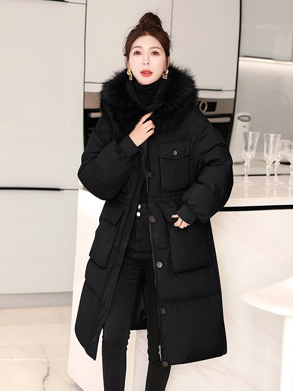 Winter raccoon fur collar white duck down over the knee hooded multi-pocket long fashion Korean down jacket HR196