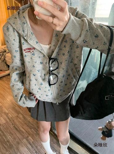 Women's American Retro Floral Hooded Sweatshirt Coat Spring and Autumn Casual Loose Design Fashion Versatile Cardigan