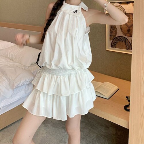 Lady's Slip String Neckless Sleeveless Bralette Two-Piece Set with White Cake Semi-Skirt 2025 Summer New Arrival