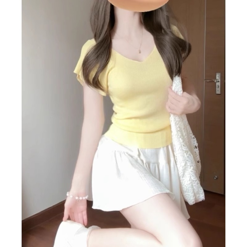 セクシーな純粋な欲望の気質 V ネックショートスリーブ Tシャツ女性の夏の新しいウエスト痩身ショートホットガールニットトップ|undefined