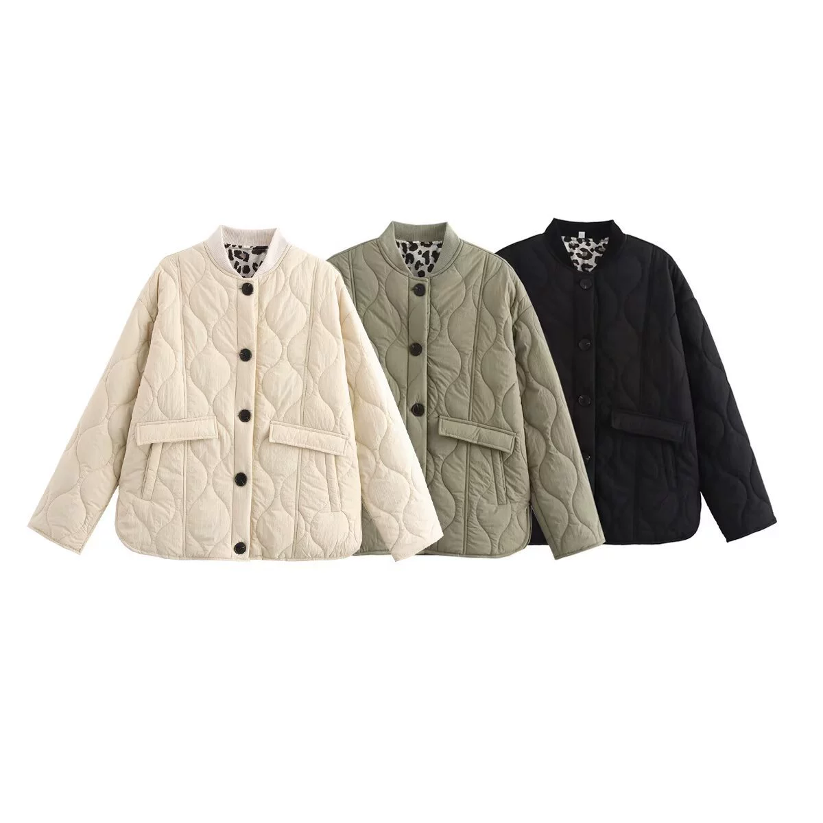 Европейское и американское трансграничное AliExpress, популярное осенне-зимнее трехцветное леопардовое пальто с воротником и длинными рукавами, свободное повседневное хлопковое пальто