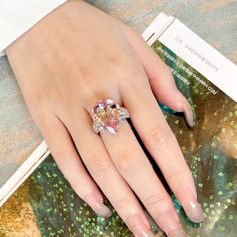 the republic of korea ins A small minority Luxurious Pink Drop Ring Full bore zircon senior princess Opening Ring